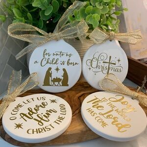 Christian Christmas ornament set of 4 New Handcrafted Ceramic w/ elegant gold